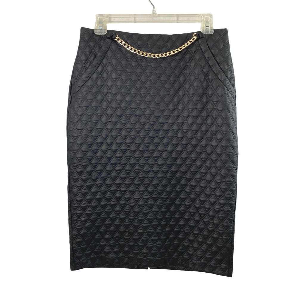 Carole Wren Pencil Skirt Women S Black Quilted Gold Chain Edgy Professional Work